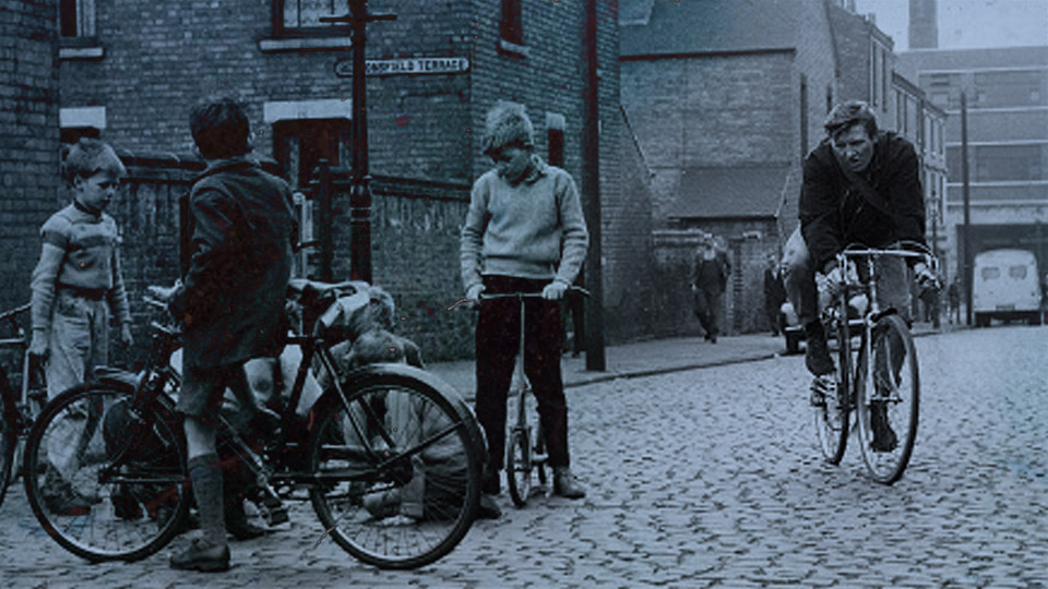 Arthur Seaton (played by Albert Finney) on his Raleigh bike - Beaconsfield Terrace, Salisbury Street, Radford, Nottingham