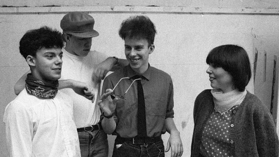Smart Cookies in one of the painting cubicles on the mezzanine of the Leeds Poly Fine Art Studio in 1981. (L-R) Paul Fillingham, Chris Richards, Russ Fisher, Rose Macpherson. Pic. Mel Chorlton
