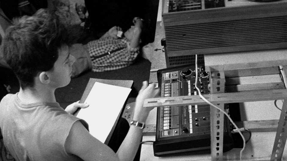 Paul Fillingham programs the band's Roland TR808 Rhythm Composer, Leeds Poly Fine Art Sound Studio, 1983