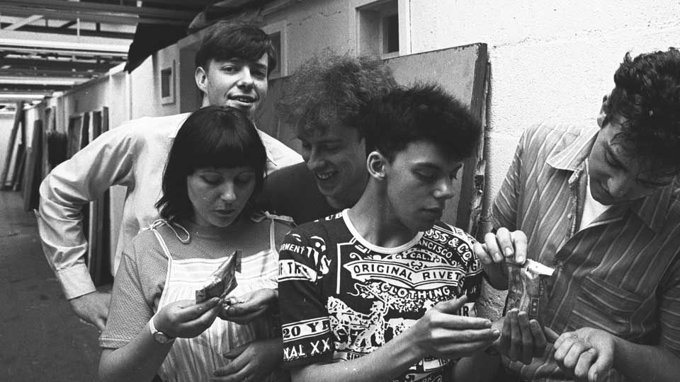 Summer 1982. The Smart Cookies five-piece take a break from writing songs in the Leeds Fine Art Sound Studio. Left to right: Chris Richards (guitar) Rose Macpherson (keyboard) Russ Fisher (keyboard) Paul Fillingham (vocals) Bob Smith (bass)