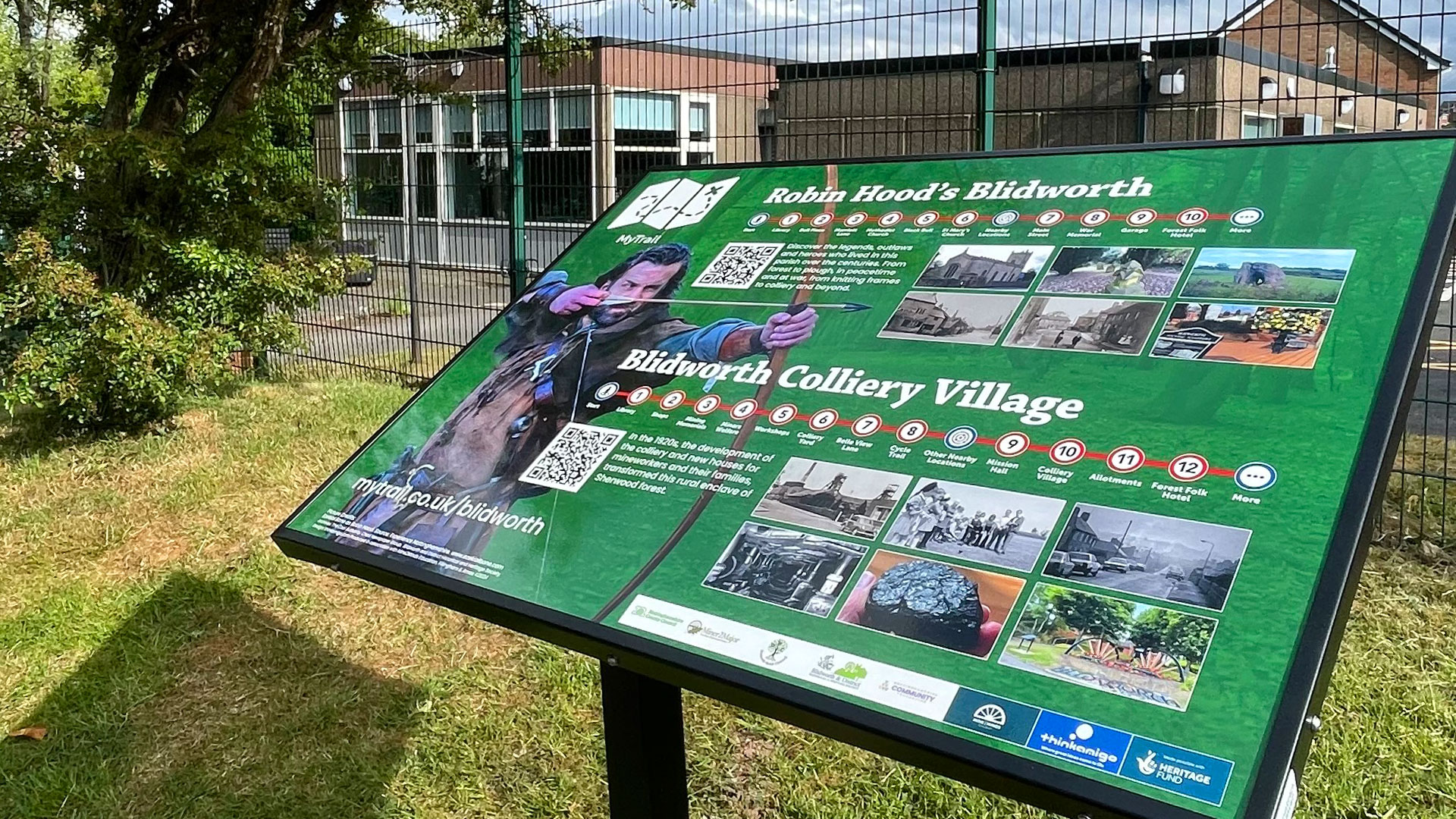 Blidworth heritage trail signage located outside the village library