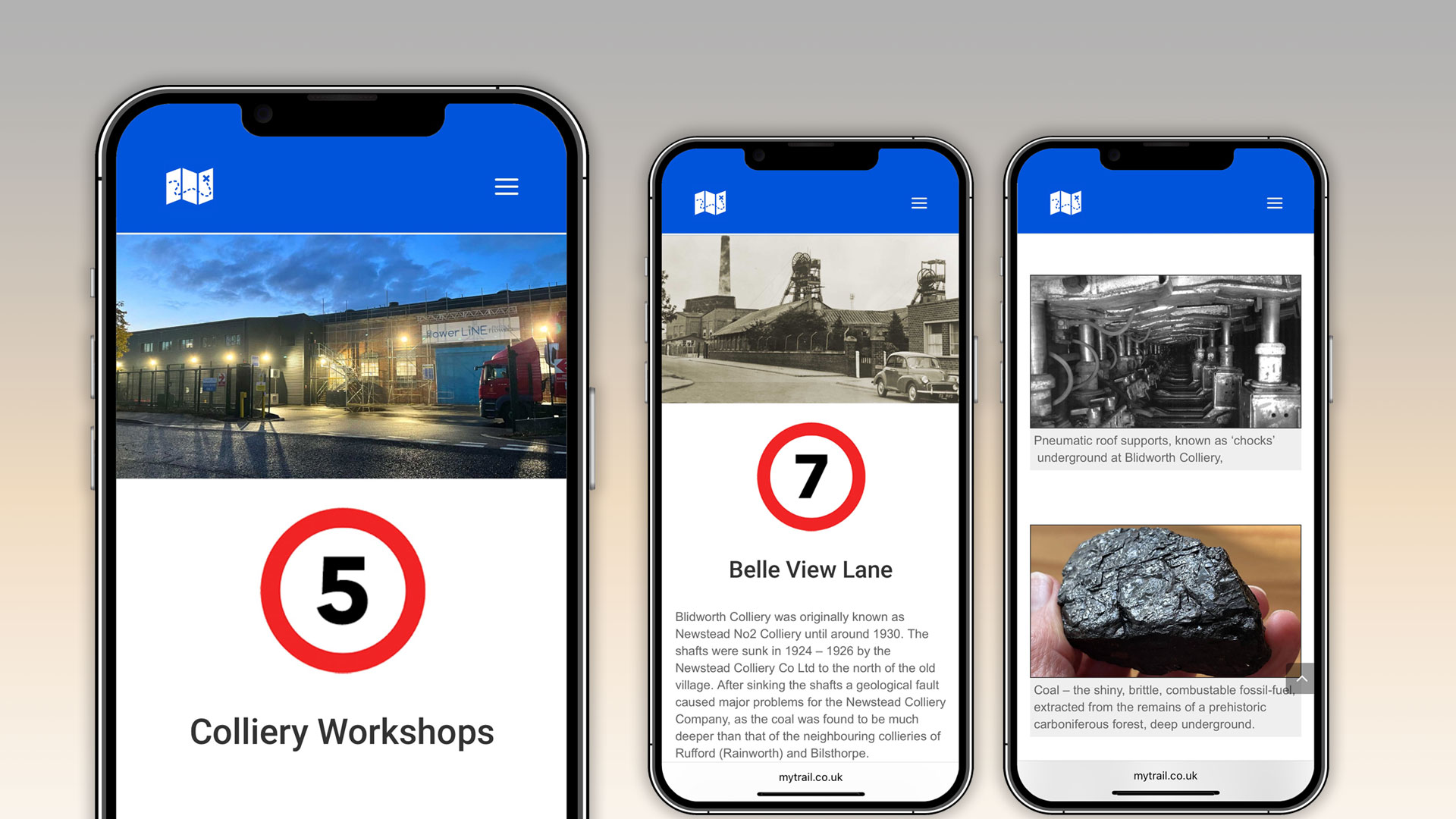 Thinkamigo's MyTrail heritage platform showing step-by-step directions, interactive maps, photographs, audio and video