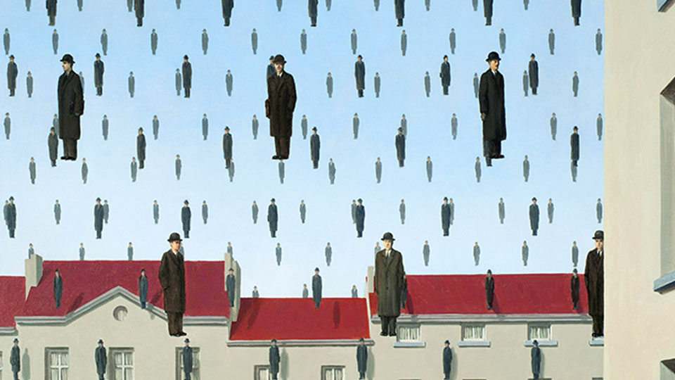 Magritte's familiar bowler hatted Belgians motif